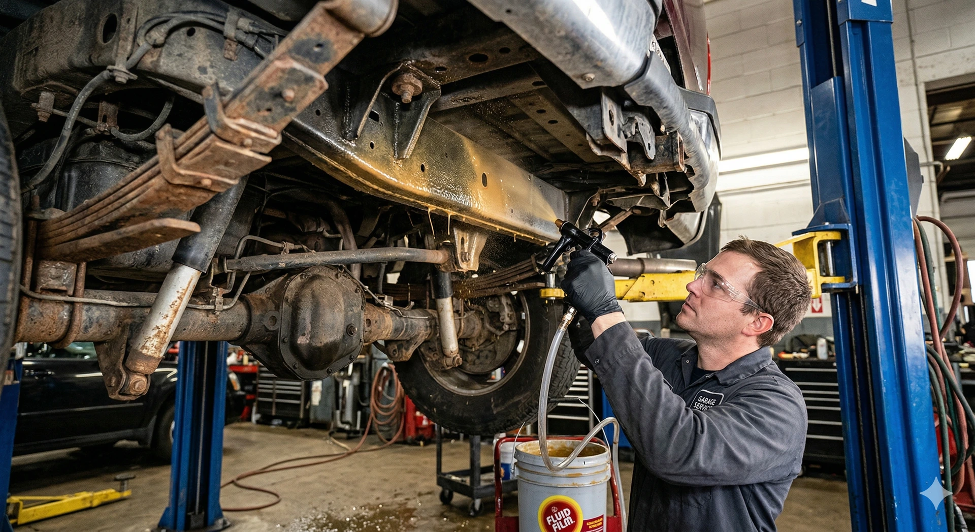 A mechanic applying a protective Fluid Film lanolin-based undercoating to the steel frame and suspension of a pickup truck on a lift