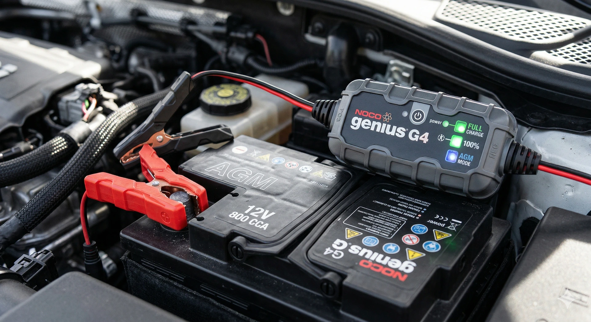 A close-up of a modern 12V AGM car battery connected to a NOCO Genius smart trickle charger with green LED lights indicating a full charge under the hood of a vehicle