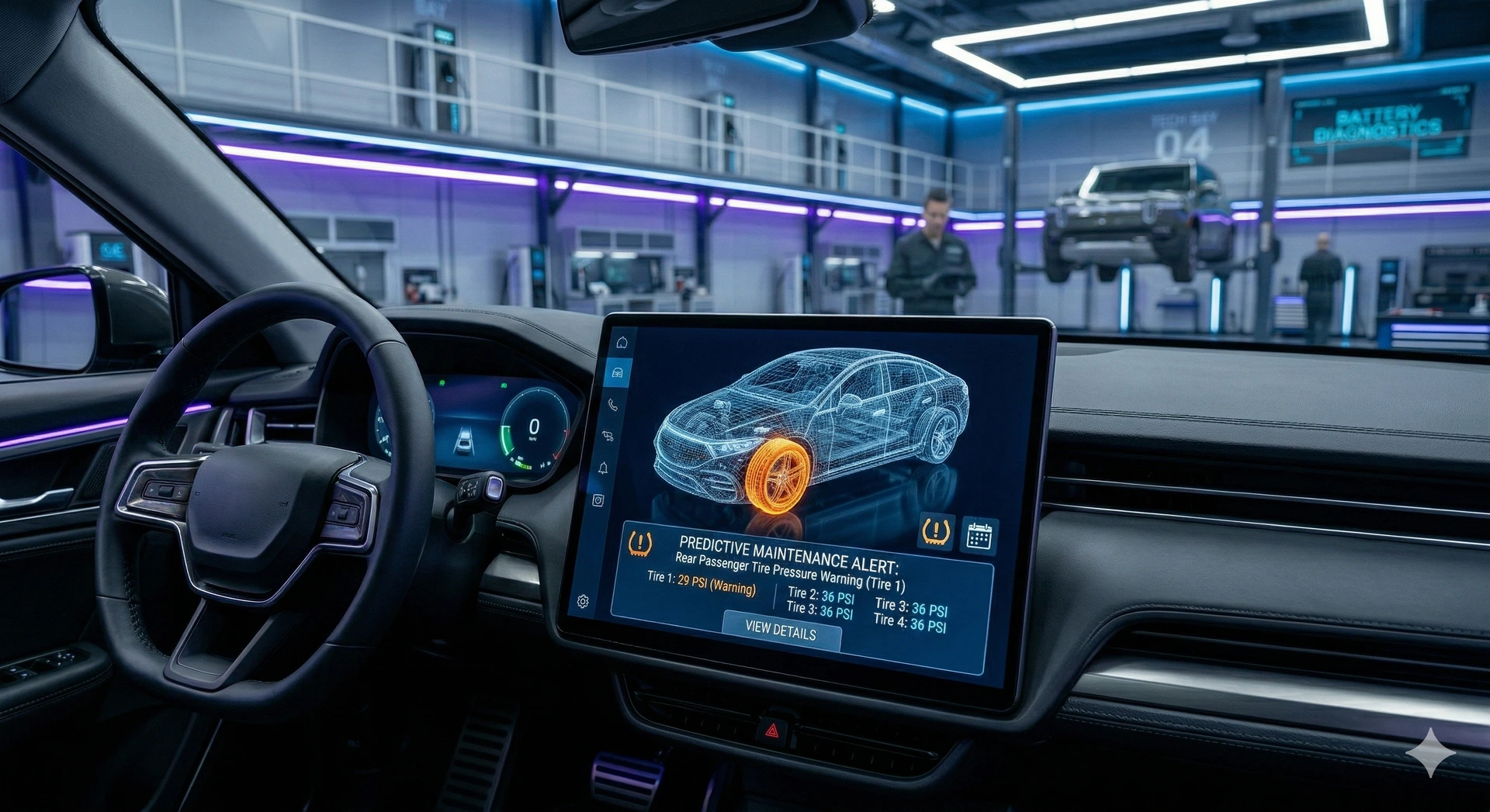 A digital car dashboard displaying a predictive maintenance warning for tires.