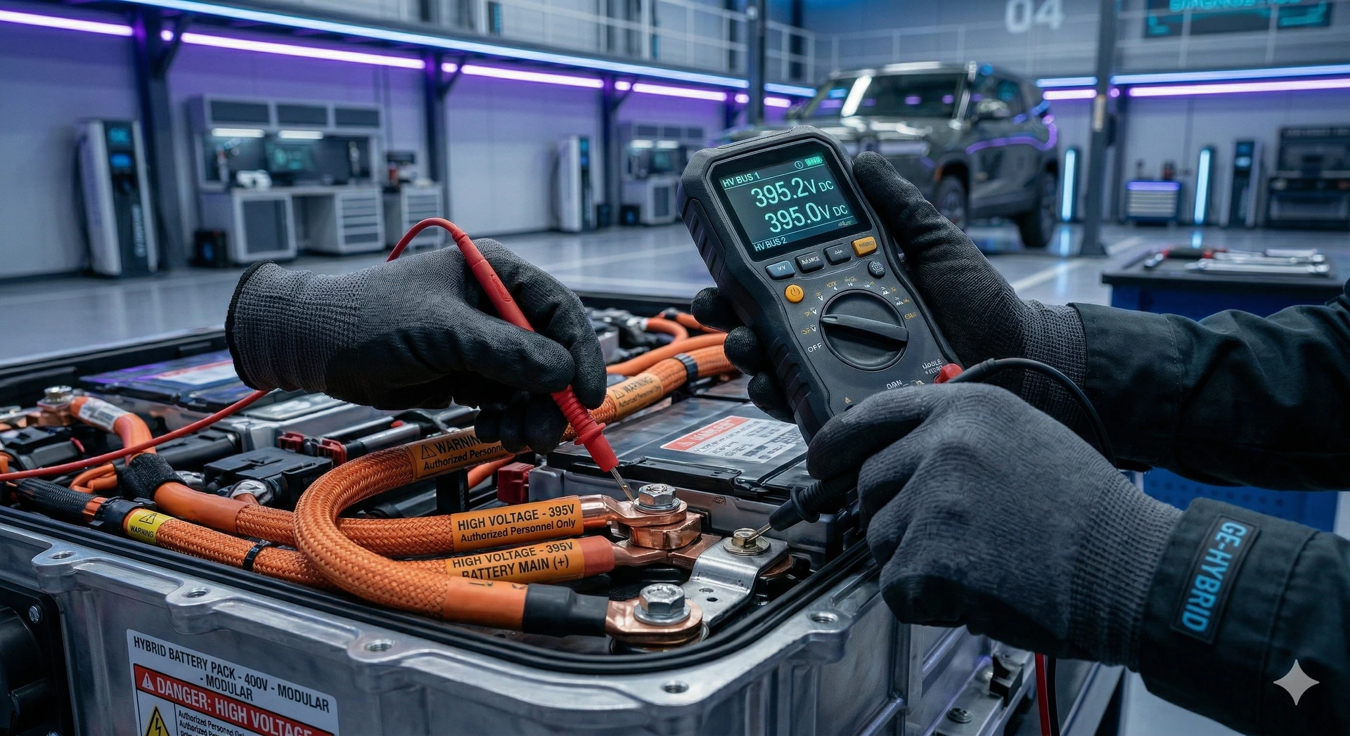A technician testing a high-voltage electric vehicle battery pack.