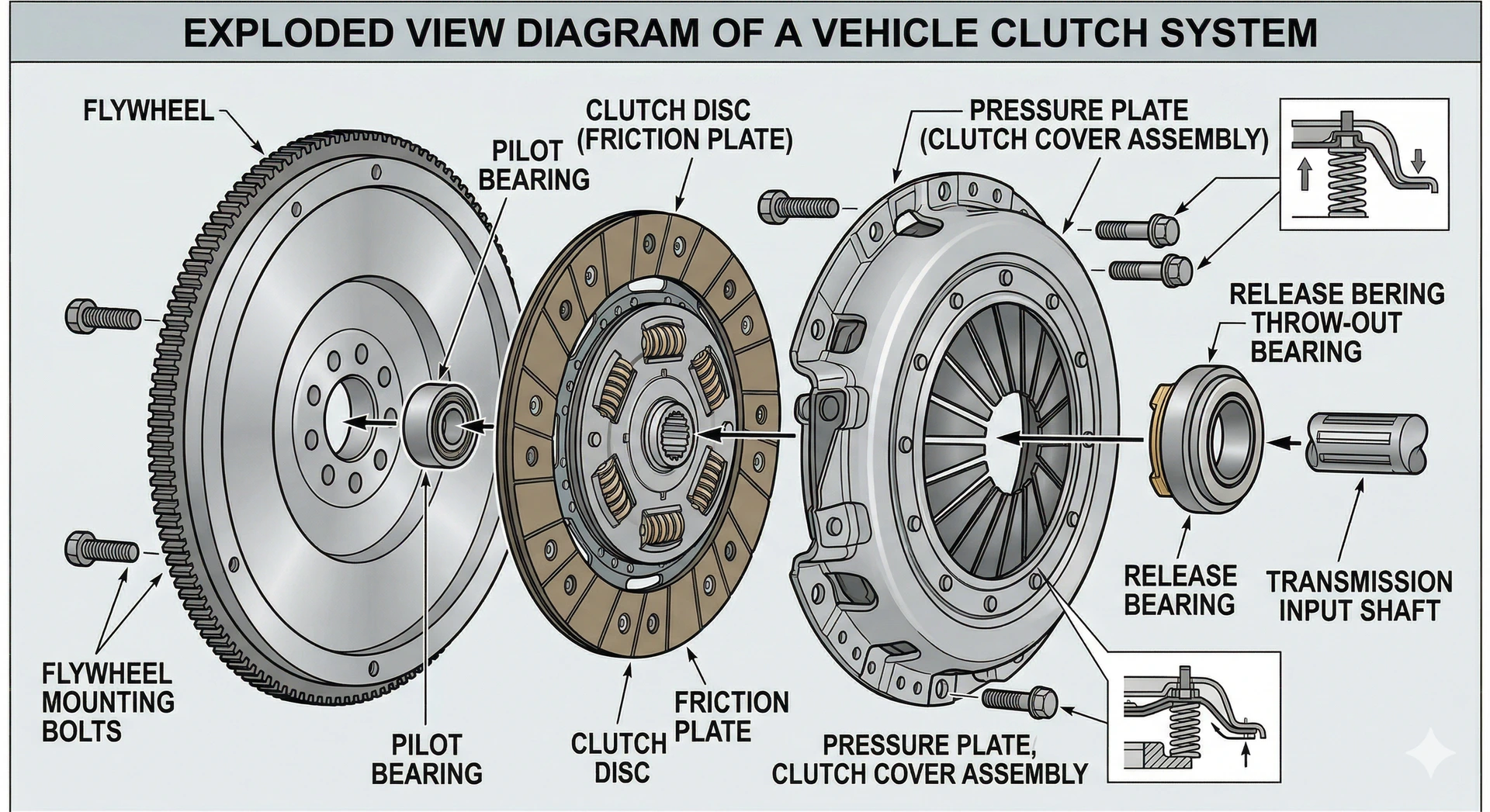 Technical exploded view diagram of a vehicle clutch system showing the assembly of the flywheel, pilot bearing, clutch friction disc, pressure plate, and release bearing in sequence. Technical exploded view diagram of a vehicle clutch system showing the assembly of the flywheel, pilot bearing, clutch friction disc, pressure plate, and release bearing in sequence.