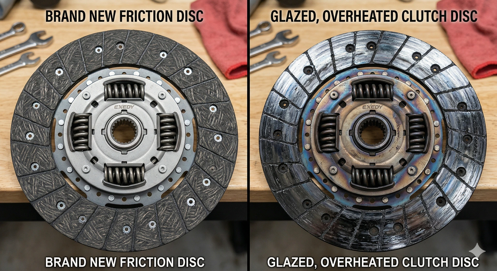 Automotive Clutch Glazing vs. New Friction Material Side-by-side comparison of a healthy matte-finish brand new clutch friction disc versus a glazed, overheated clutch disc with blue heat-spot discoloration and a shiny, crystallized surface.
