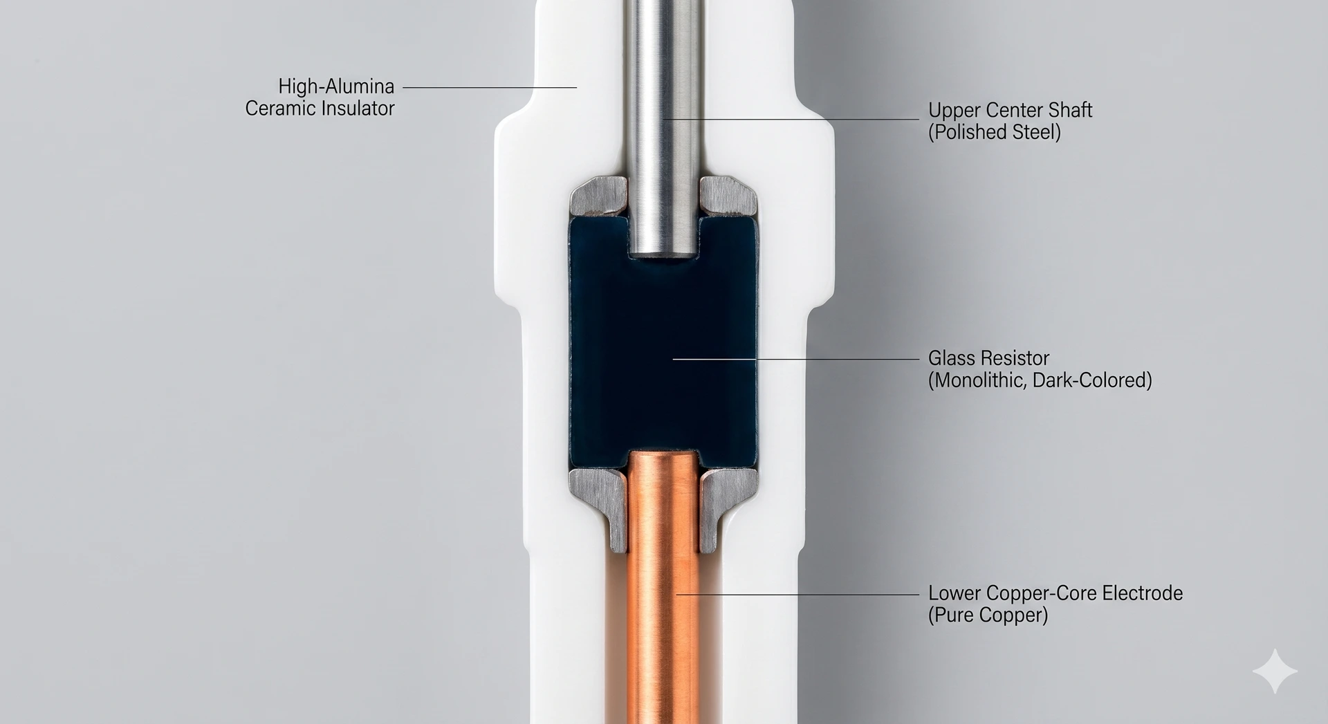 A cutaway view showing the internal glass resistor connecting the spark plug's center shaft to the electrode.