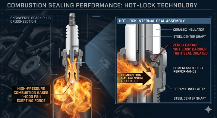 A diagram demonstrating how the spark plug's internal hot-lock assembly blocks high-pressure combustion gases.