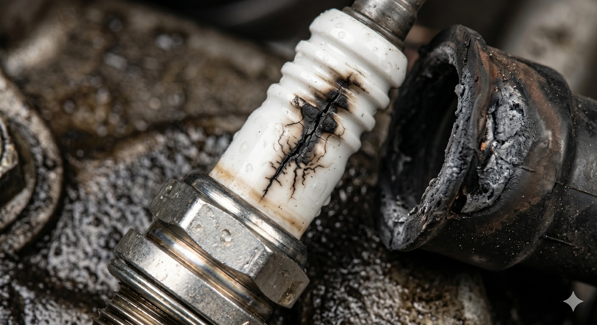 A close-up photograph of a spark plug suffering from severe black carbon tracking across its ceramic insulator.