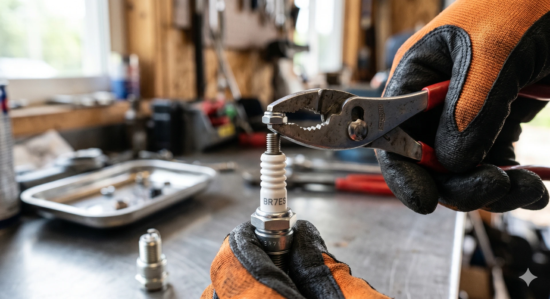 A mechanic using pliers to carefully unscrew the terminal nut from a new spark plug.