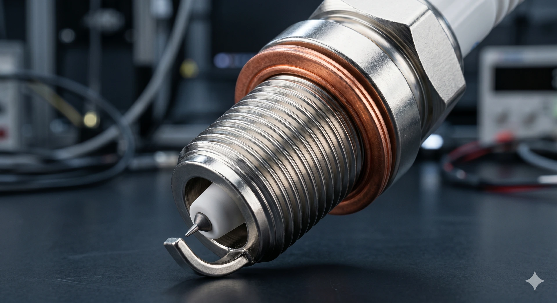 A close-up photograph highlighting the cold-rolled steel threads and copper crush gasket of a modern spark plug.