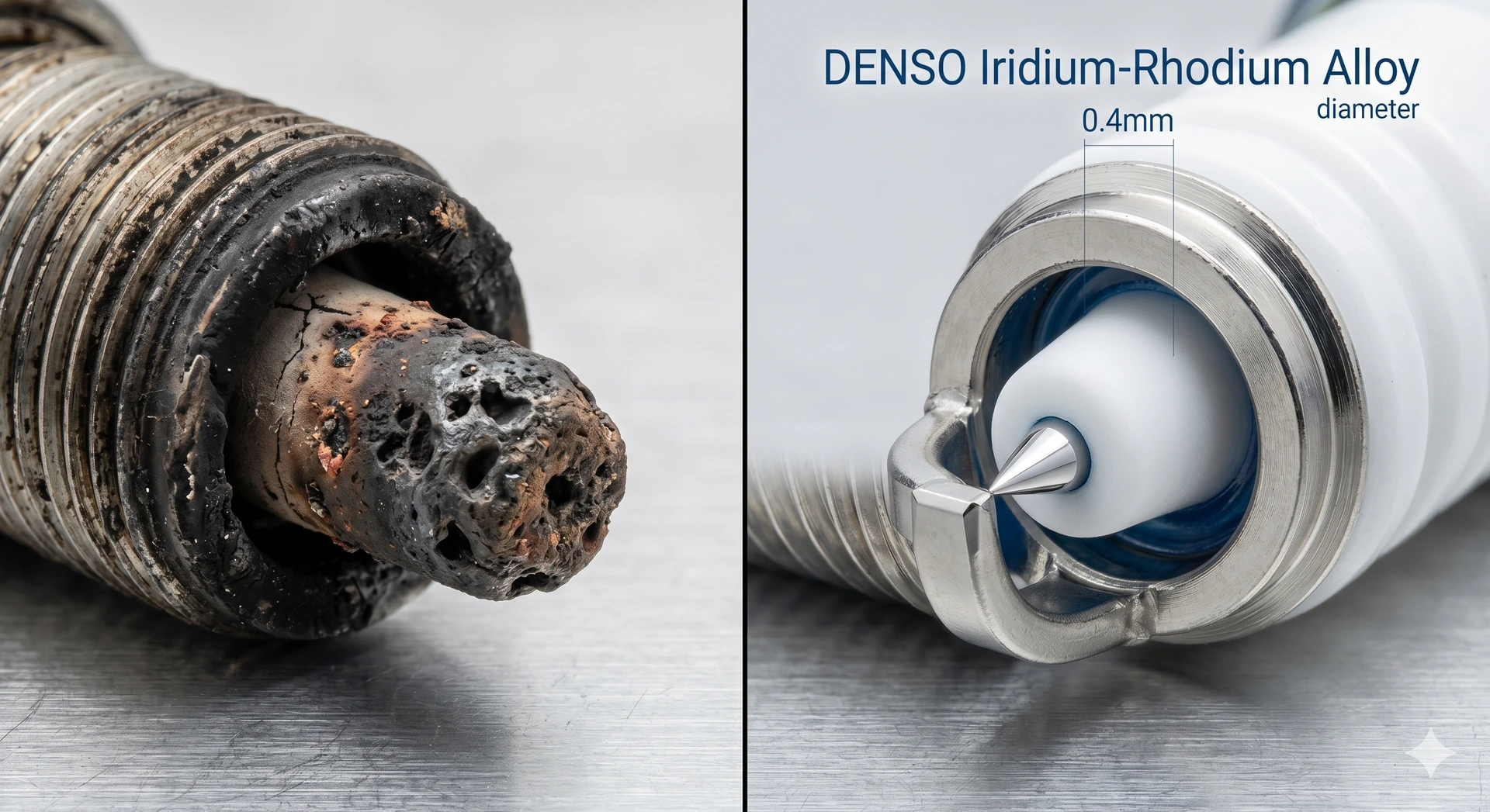 A side-by-side comparison of a severely oxidized pure iridium electrode and a perfectly preserved iridium-rhodium alloy electrode.