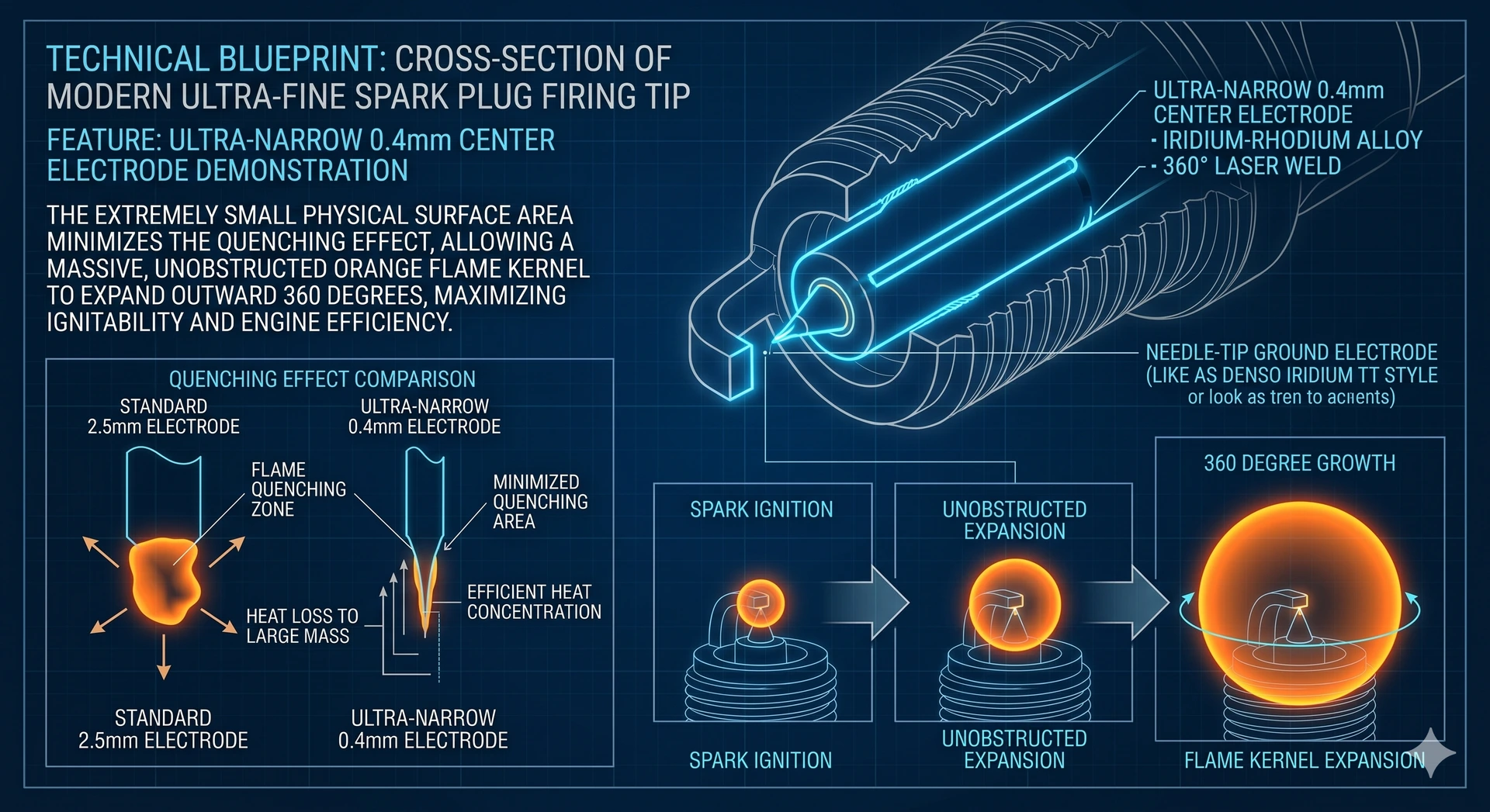 A technical diagram illustrating how an ultra-fine iridium-rhodium electrode allows for superior 360-degree flame kernel expansion.