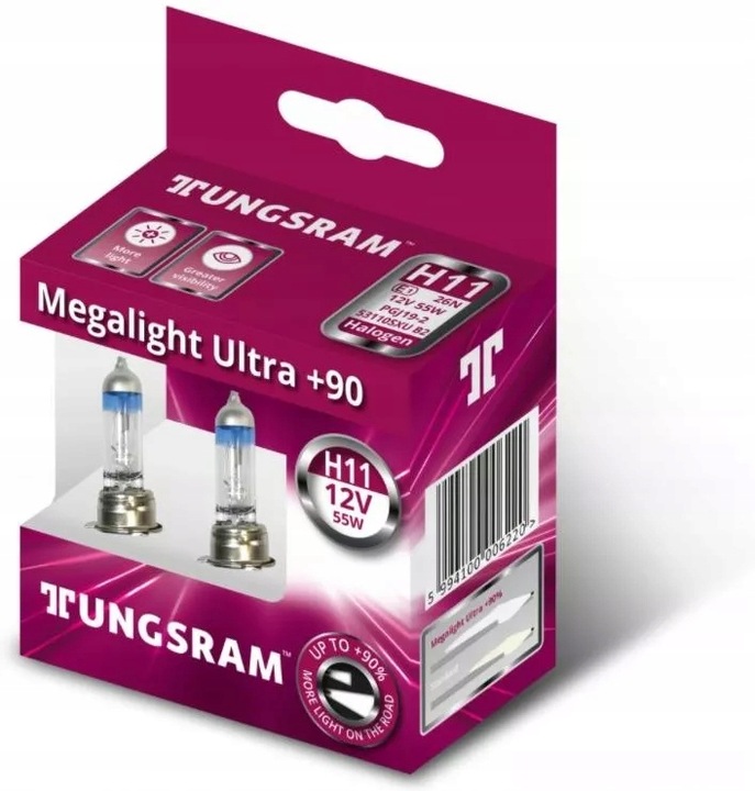 Lamp Halogen Kit Megalight Ultra H11 12V 55W + 90% [Tungsram] (Made in Hungary) // H11 90% +