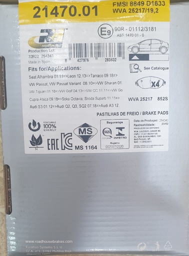 [P275] Brake Pads Set Front Skoda Kodiaq 1.4 2018 [Roadhouse] (Made in Spain) (2147001)